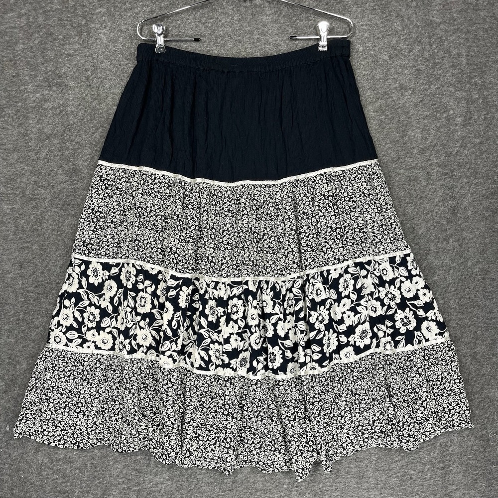 Vintage Cathy Daniels Peasant Skirt Size M Black White Floral Tiered Midi Boho - Picture 13 of 14